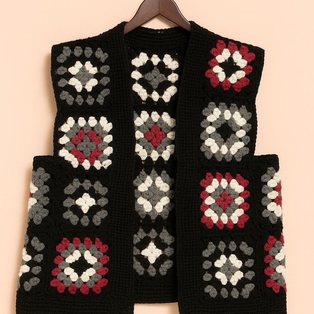 Hand Crafted Black and Red Crochet Women's Cardigan
